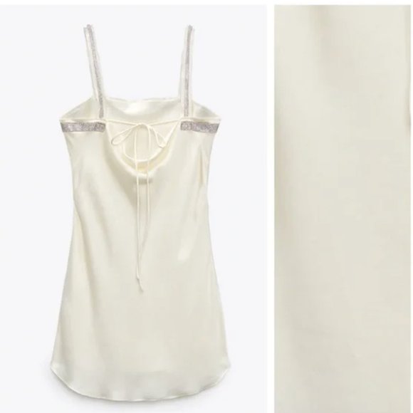 Zara Oyster White Strappy Rhinestone Satin Mini Dress - Picture 17 of 17